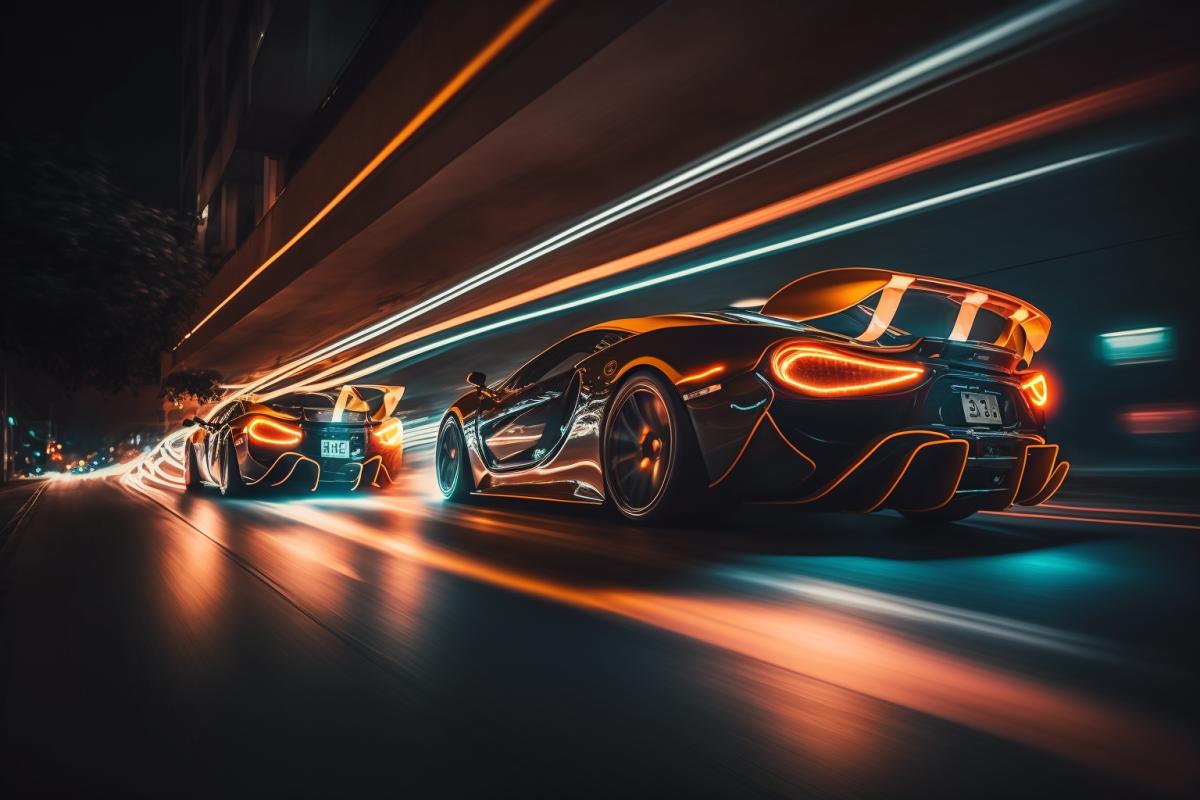 long exposure photography, street racing, brightly lit sports cars on a dark street, dynamics