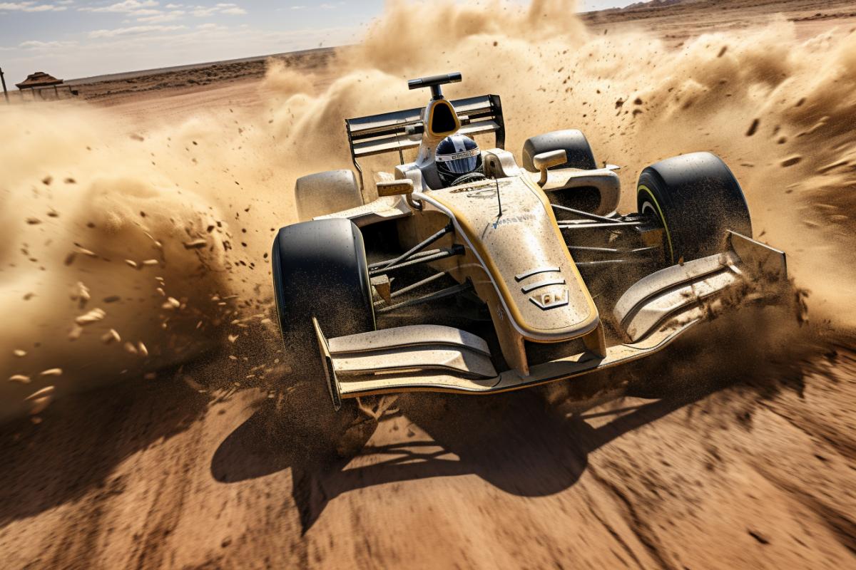 A formula 1 race in mad max style in the Australian desert cinematic shot, dynamic shot, highly detailed, digital art, wide angle ultra shot, film still