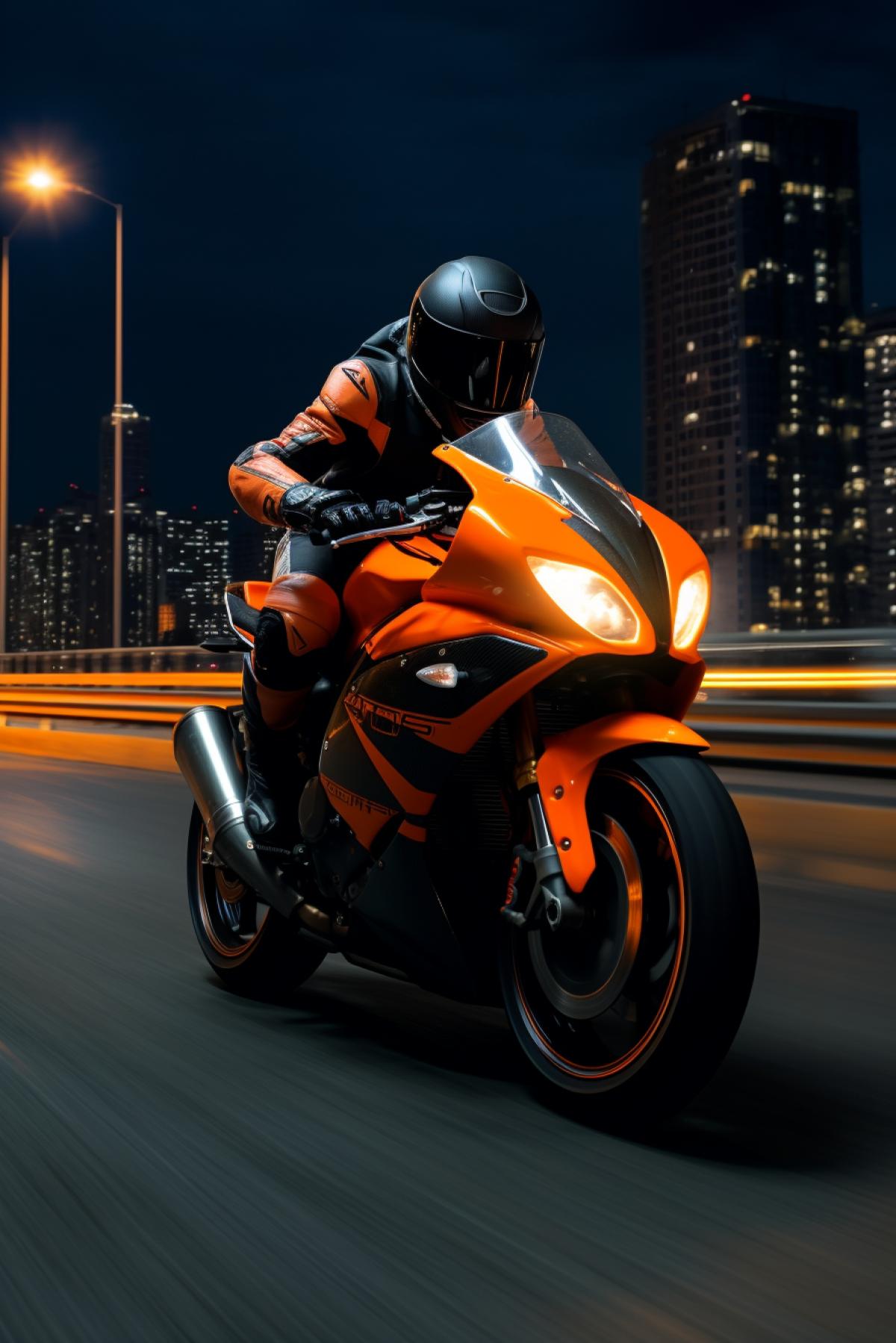 a biker in full protection, racing an orange-colored sports bike at night against the backdrop of the Moscow City