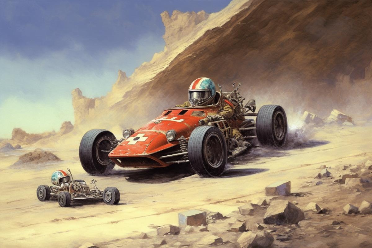 Formula 1 racing car misses a turtle on the road