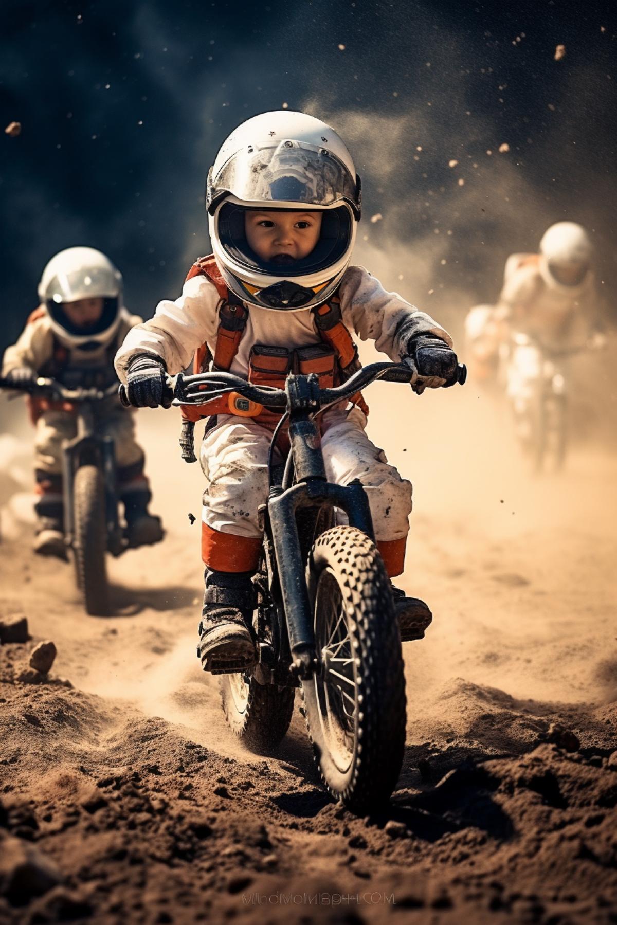 So many adorable babies wearing different types Astronaut suit ride road bike and racing for a Competition on the Moon, moon background, Splashes of moons dust and gravel, Motion Blur, vibrant, real photography, photorealistic, Multi angle photography perspective, ultra details, 32k