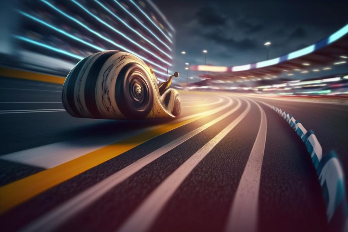 snail racing turbo, racing track, evening lighting, long exposure, HD, hyperrealistic, hyperdetailed, 8k