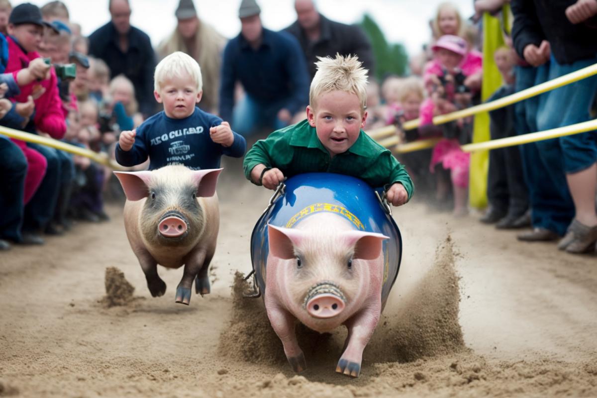 pig racing, children riding pigs race