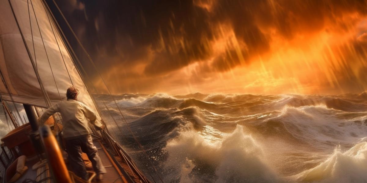 dramatic moment of the finish of racing on sailing yachts in the Sea of Japan, a yachtsman in a life jacket, a close-up face, excitement on his face, the sails of the yacht are inflated by the wind, the rays of the sun through the clouds, the sea, ripples on the water