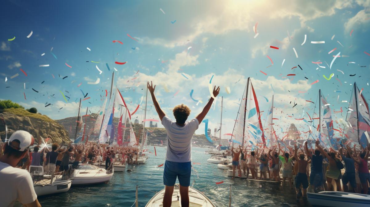 Sailing regatta, ships with colorful sails and flags come to the finish line, beautiful landscape, super realistic, professional photography, people are happy on the shore and waving their hands