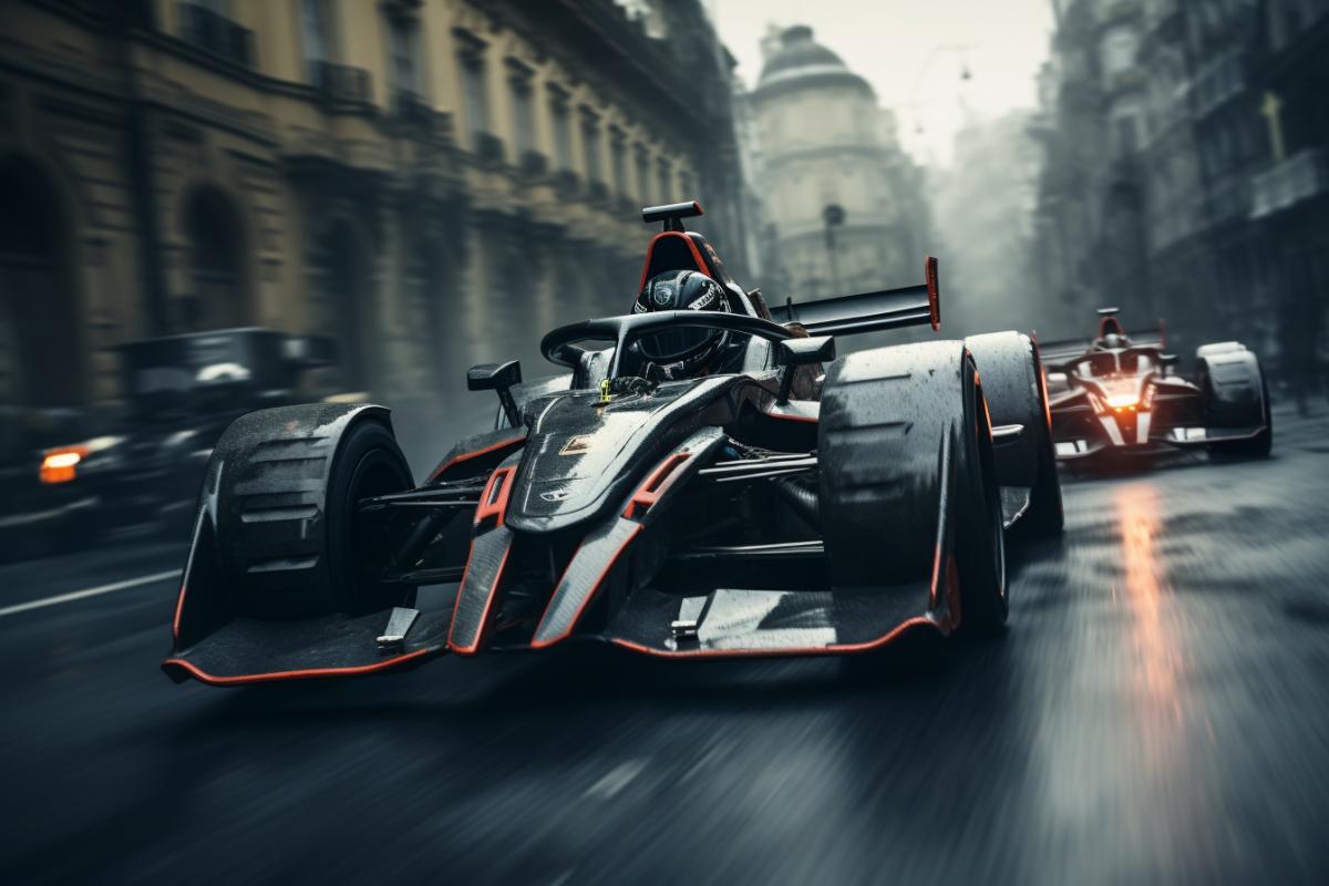 Guys racing ready on gothic cars, formula 1, extreme race, street racing, futuristic city