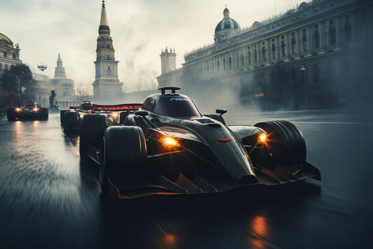 Guys racing ready on gothic cars, formula 1, extreme race, street racing, futuristic city