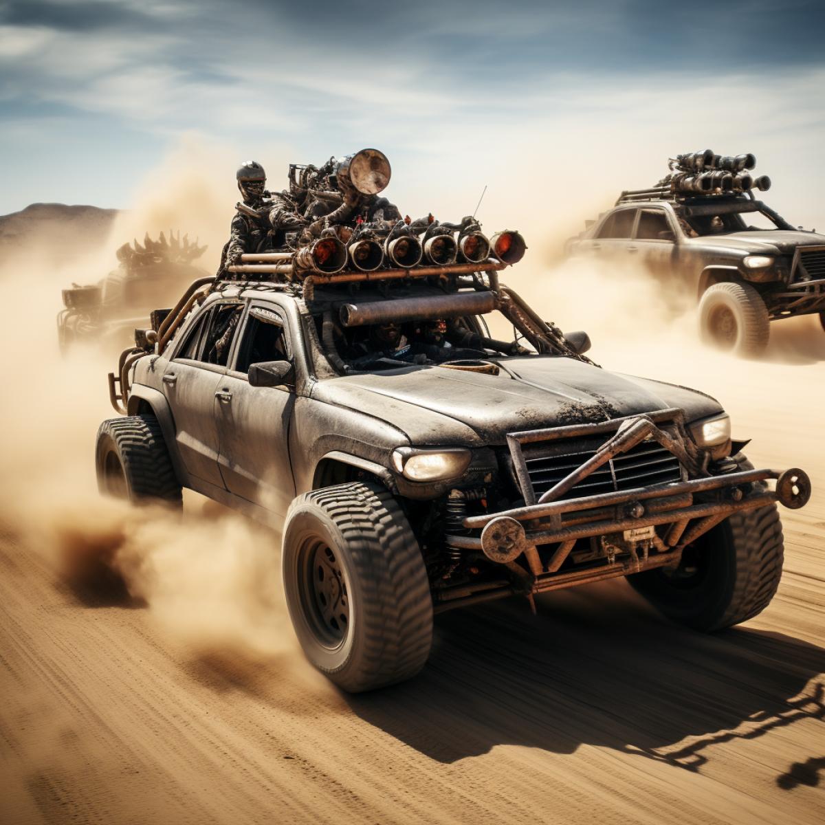 An actionpacked com4k where an ergonomic steampunk Mad Max Brabus GClraces through rugged canyon pursued by gang of steampowered vehicles each uniquely designed with mix of retrofuturistic and Mad Max aesthetics The image captures the intensity of the chase with dust clouds sparks from clashing metal and dramatic use of chiaroscuro to heighten the mood weird ar Image