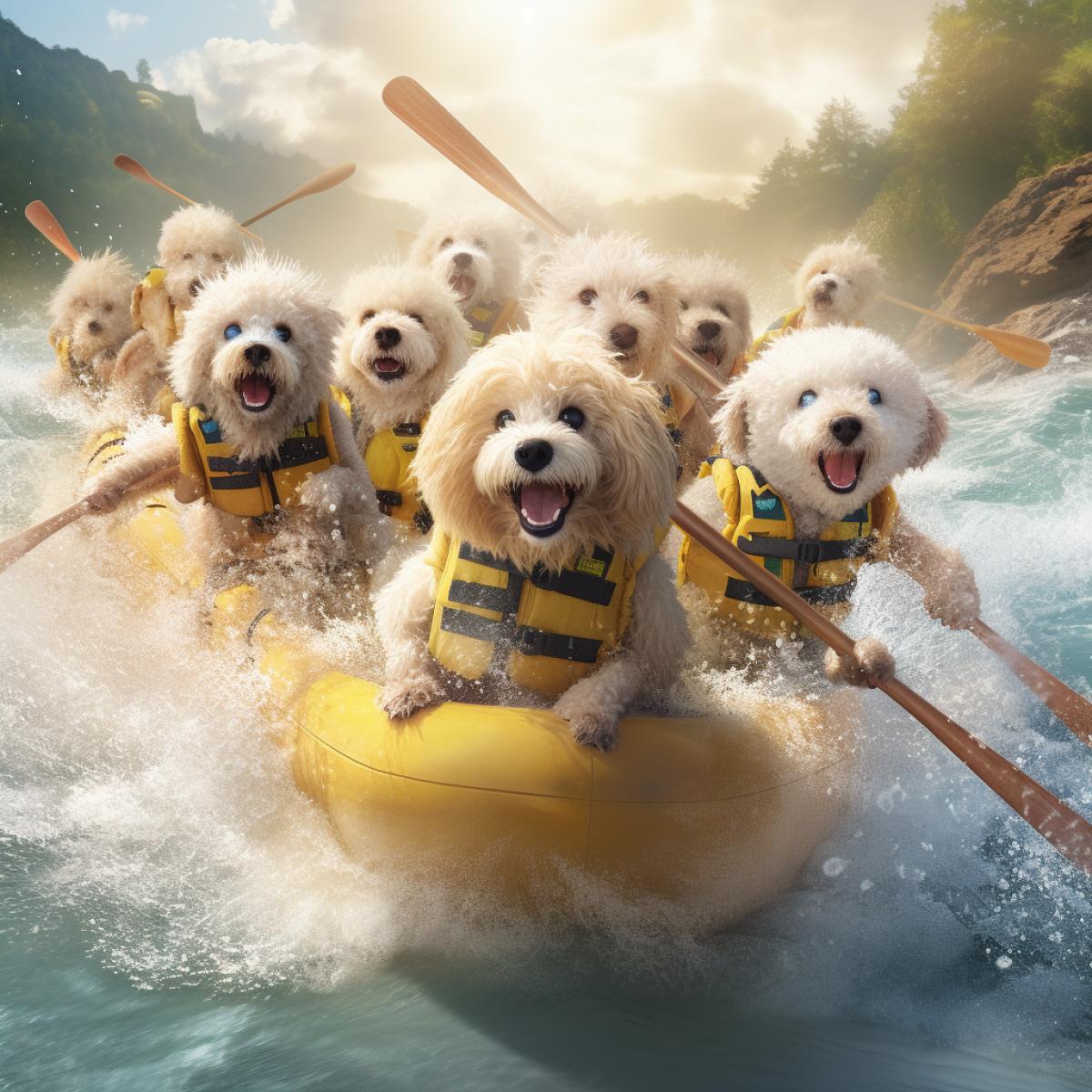 Realistic energetic sweaty poodles dragon boat racing fast river