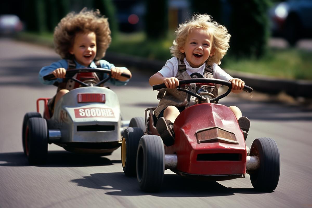 Sports racing of 35 years olds on childrens cars, extreme race, street racing, humor