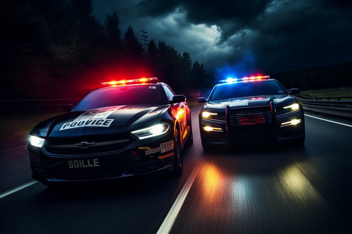 The police are chasing criminals in cars, high speed, survival, extreme, humor