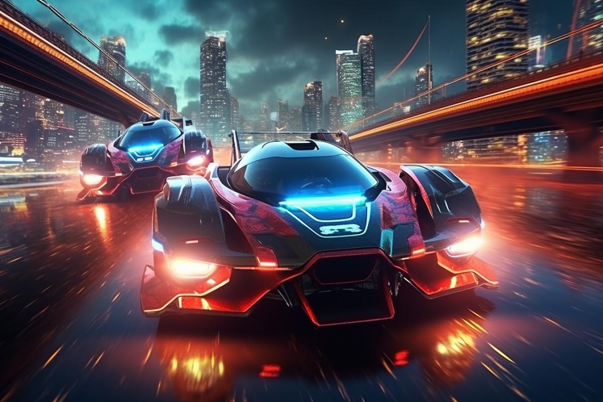 Futuristic flying car racing, future, three cars, night city, neon, extreme race, epic