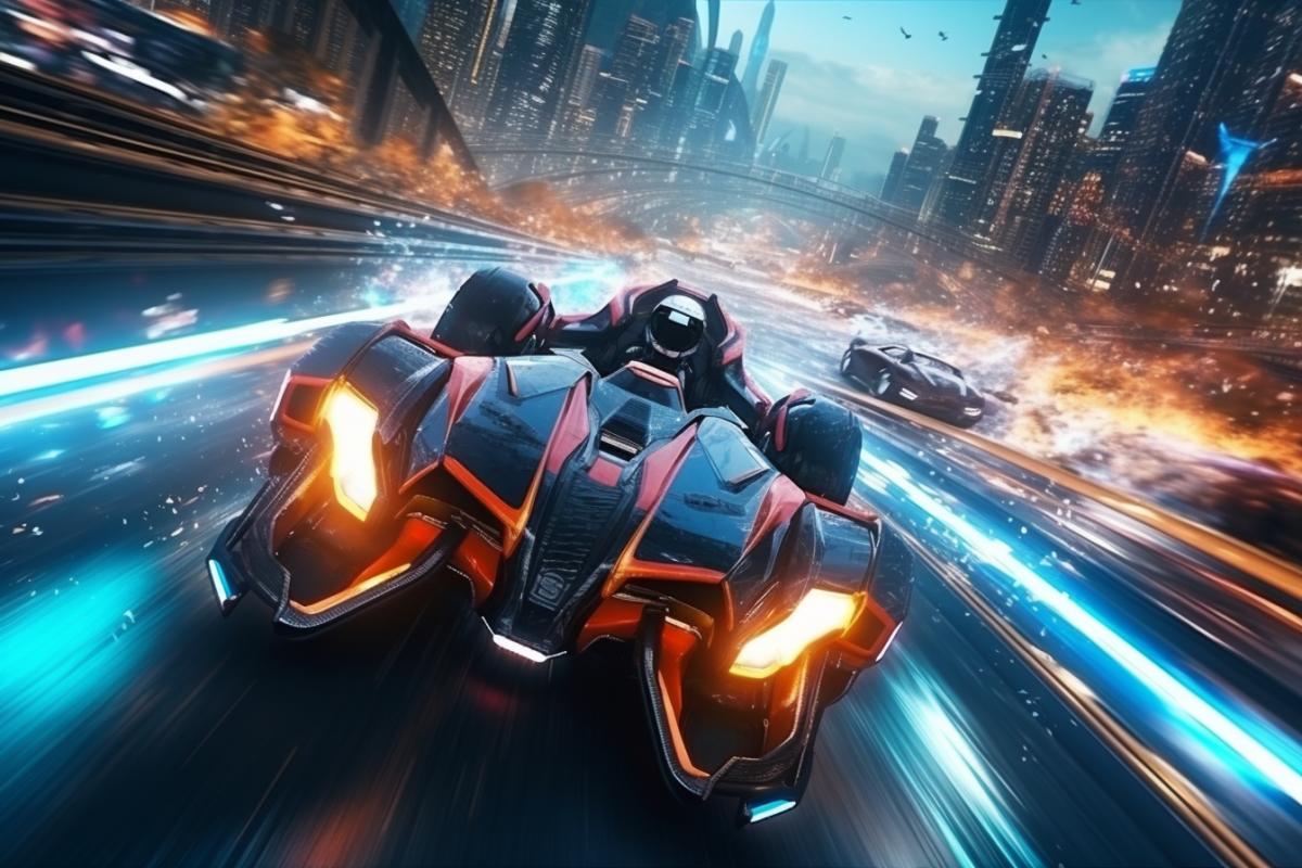 Futuristic flying car racing, future, three cars, night city, neon, extreme race, epic