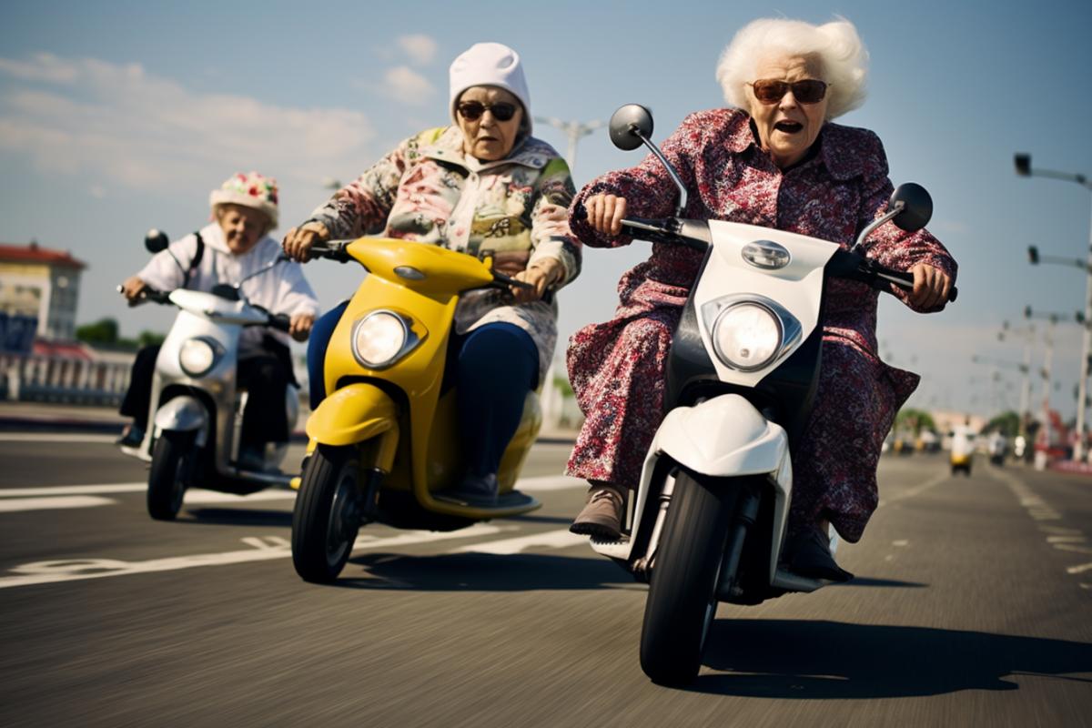 Funny grandmothers racing on scooters, speed, epic, extreme, humor