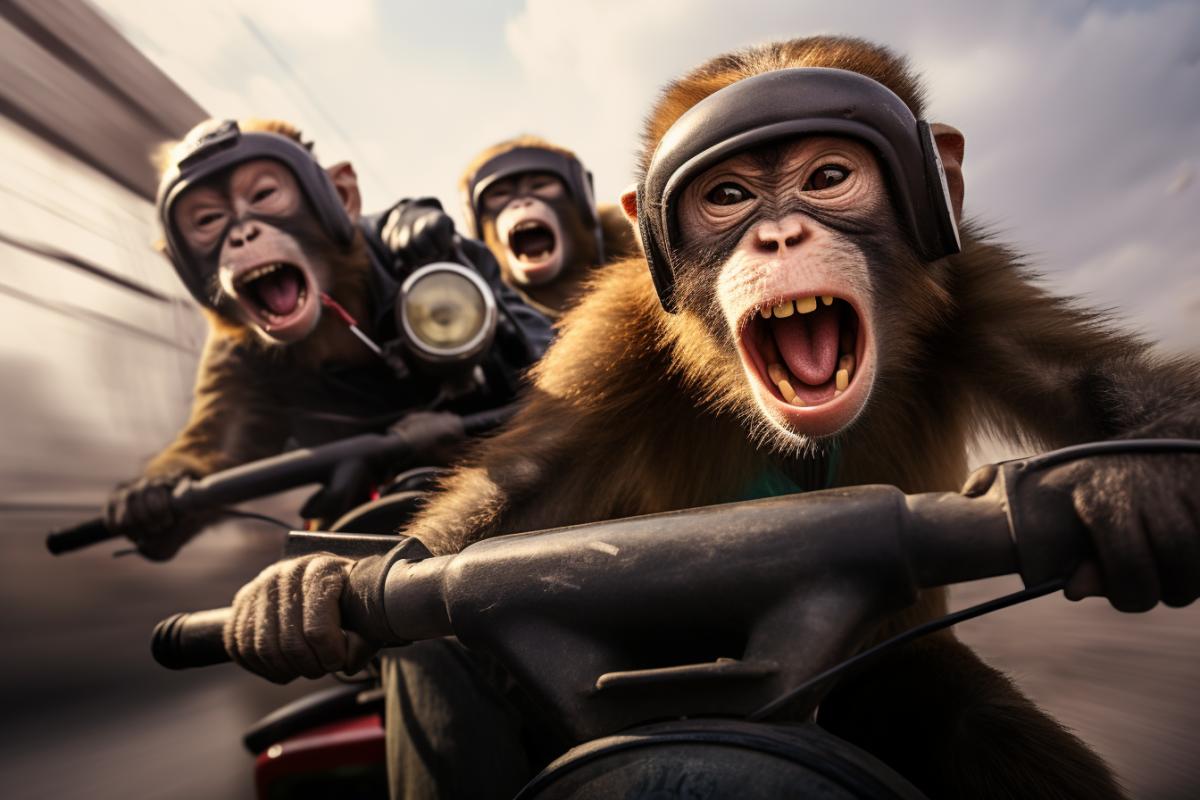 Racing screaming and grimacing monkeys on electric scooters, dynamic, fun, absurd, epic, comical, extreme, fast, photo realism