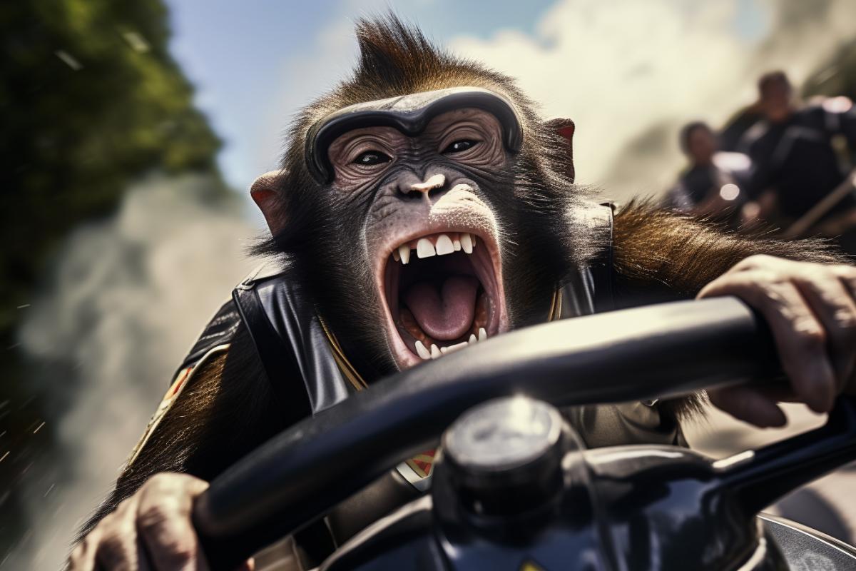 Racing screaming and grimacing monkeys on electric scooters, dynamic, fun, absurd, epic, comical, extreme, fast, photo realism