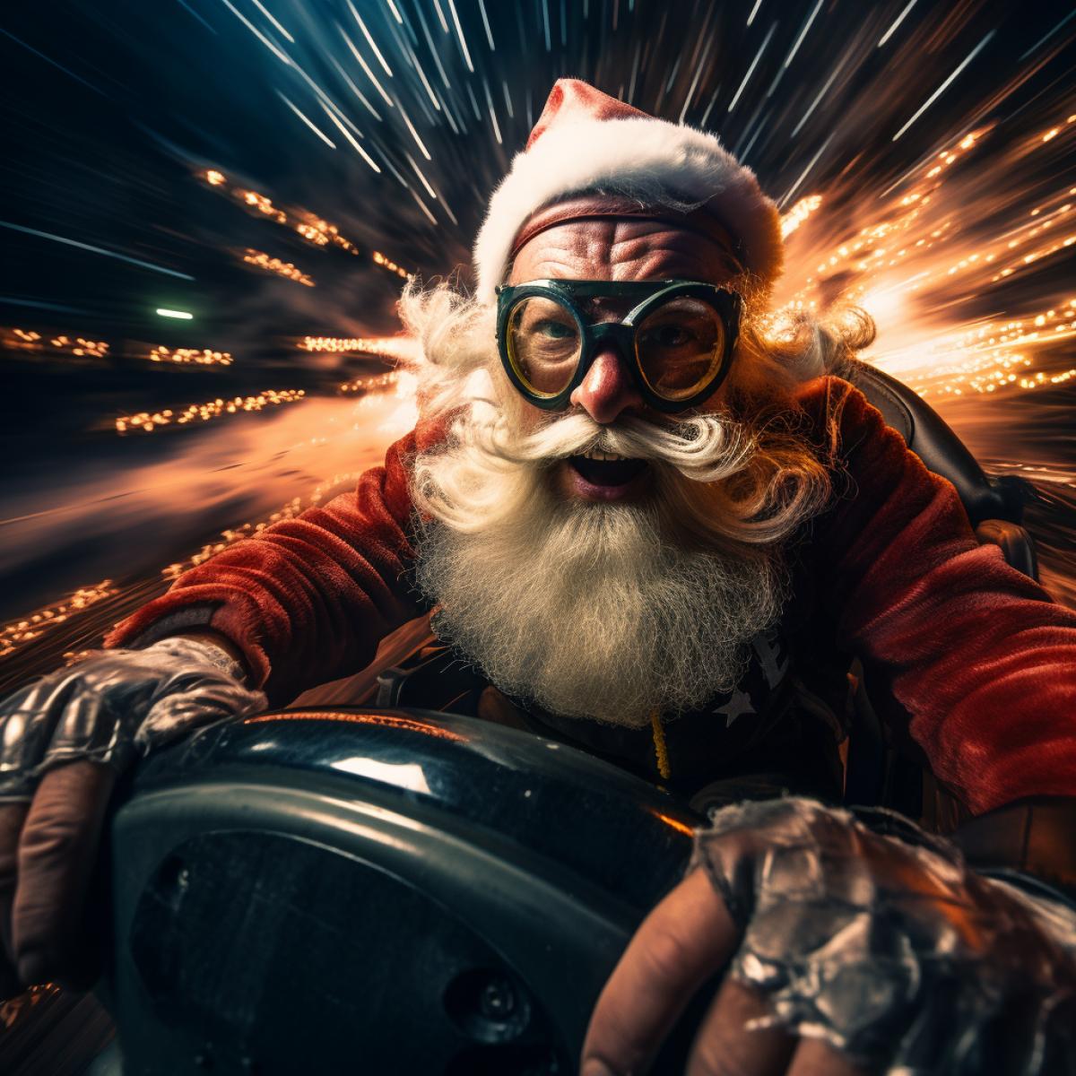upclose picture of santa in his sleigh with racing goggles going the speed of light, motion blur, surreal lighting, traces of neon, action, scene, cinematic, dramatic, cosmic background, detailed, intricate, defined
