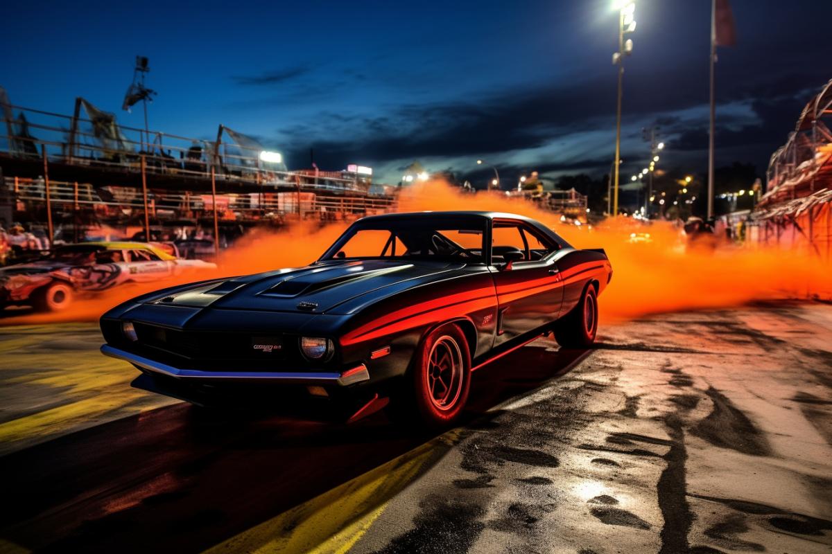 pov life sized hotwheels racing track, 70s muscle cars, dusk lighting, Detroit location, everything is on fire, wide angle, speed, action racing