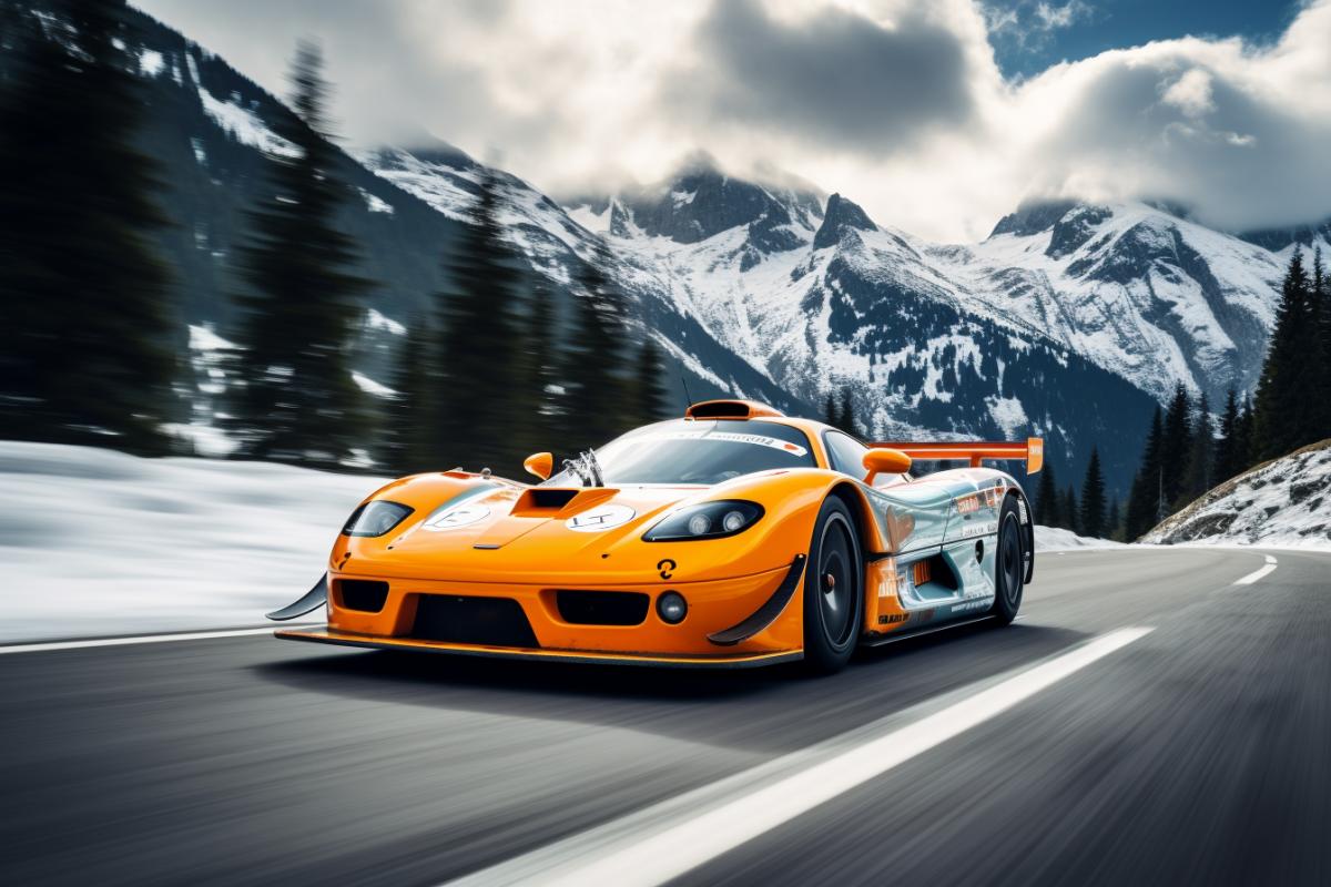 Gulf Racing McLaren F1 LM racecar driving through the beautiful Alps, scenic mountain background, snowy peaks, wide angle shot with shallow depth of field, taken in the style of street photography