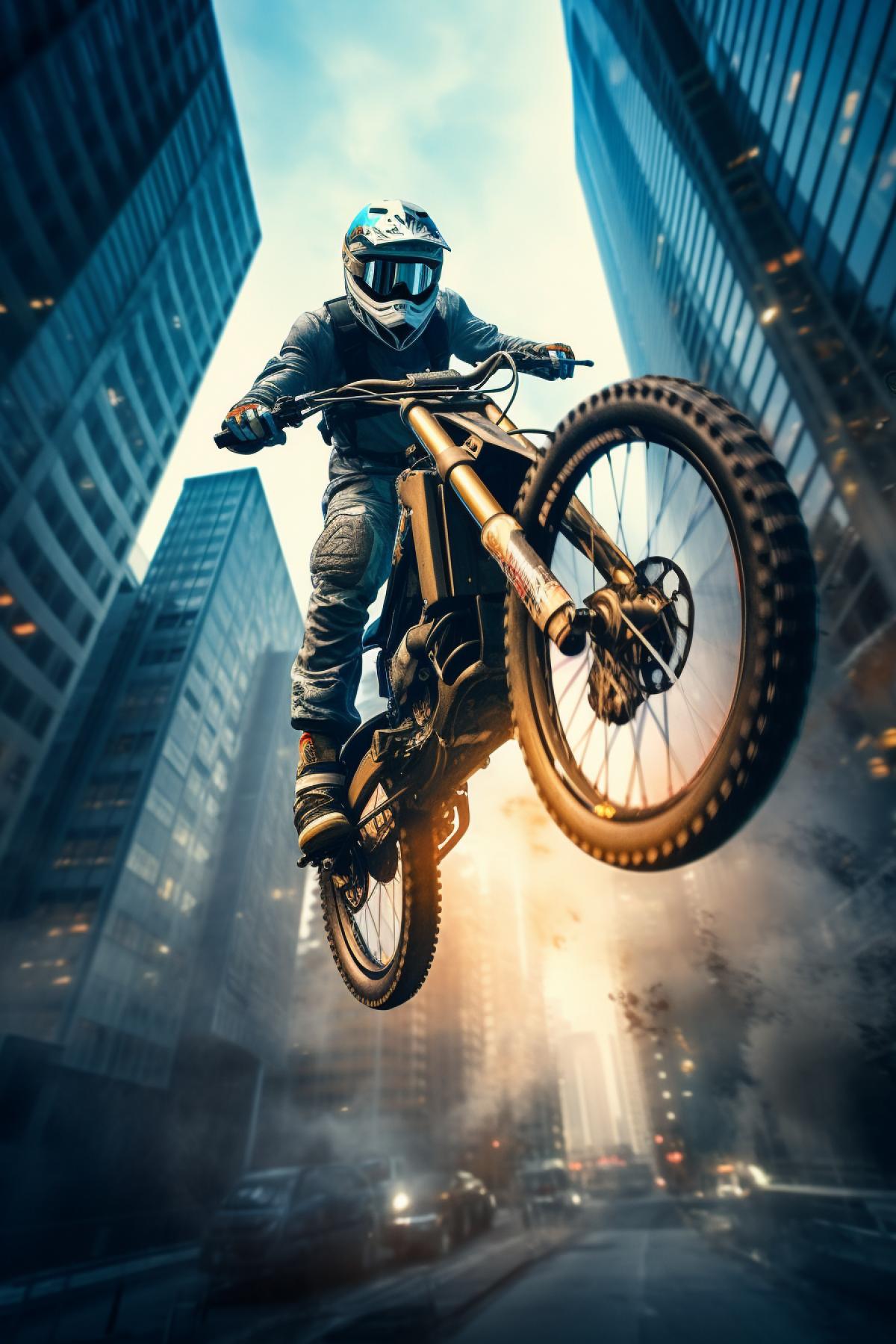 A high tech bicycle with anti gravity technology that propels it through the sky above a cityscape, racing against other gravity defying vehicles. Color Grading, Ultra Wide Angle, Depth of Field, hyper detailed, beautifully color coded, insane details, intricate details, beautifully color graded, Cinematic, Color Grading, Editorial Photography, Photography, Photoshoot, , Depth of Field, DOF, Tilt Blur, Shutter Speed 1/ 1000, F/ 22, White Balance, 32k, Super Resolution, Megapixel, ProPhoto RGB, Lonely, Good, Massive, Halfrear Lighting, Backlight, Natural Lighting, Incandescent, Moody Lighting, Cinematic Lighting, Studio Lighting, Soft Lighting, Volumetric, Contre Jour, Beautiful Lighting, Accent Lighting, Global Illumination, Screen Space, Scattering, Glowing, Shadows, Rough, Shimmering, Post Production, insanely detailed and intricate, hypermaximalist, elegant, hyper realistic, super detailed, dynamic 4k, photography, Modern Design, Luxury Living, Sophisticated Aesthetics, Artists: Dar