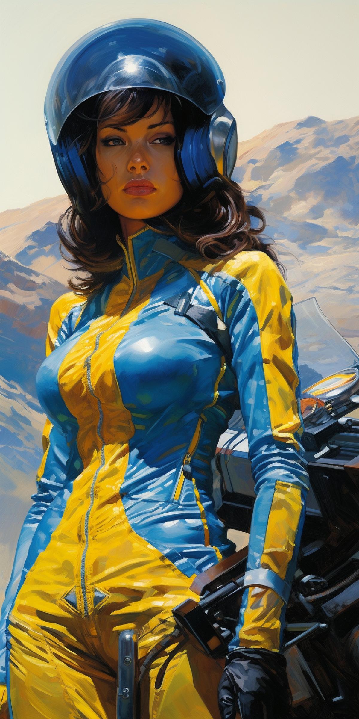 classic gorgeous simon bisley pulp art of Syd Mead blue with blue wheels colossal race car, off road that have obtrusive, stiff structures that confer authority and control. Muscular race driver girl in close fitting yellow space suit, helmet on set on vast bob ross style lake valley landscape. Switch panels, display systems, and communications equipment for the spacecraft interiors from Kubrick Art of 2001 A Space Odyssey. Highest level of technical realism, art by Richard Corben and simon bisley, great dutch masters painting of dark, brown hair Barluxurylla, realistic painting 1970s, fantasy art, futuristic intricate details, god rays pastel volumetric light, eerie Don Lawrence style, ultra chiaroscuro effect, hyper real, uhd