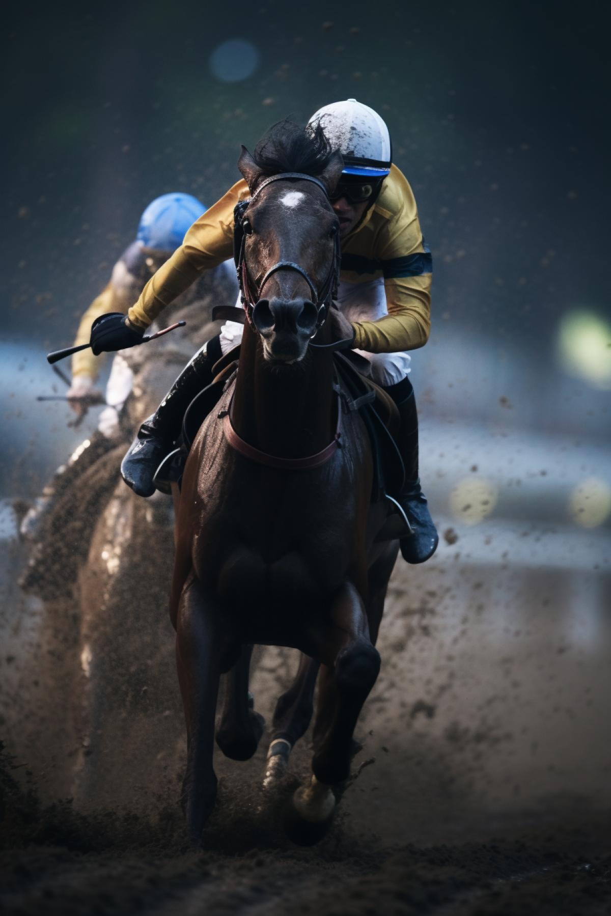 high speed shot of a jockey riding a dark racehorse at the races kicking up dirt, in the background men wave betting ballots to cheer on the jockey, its pouring rain, action com4k