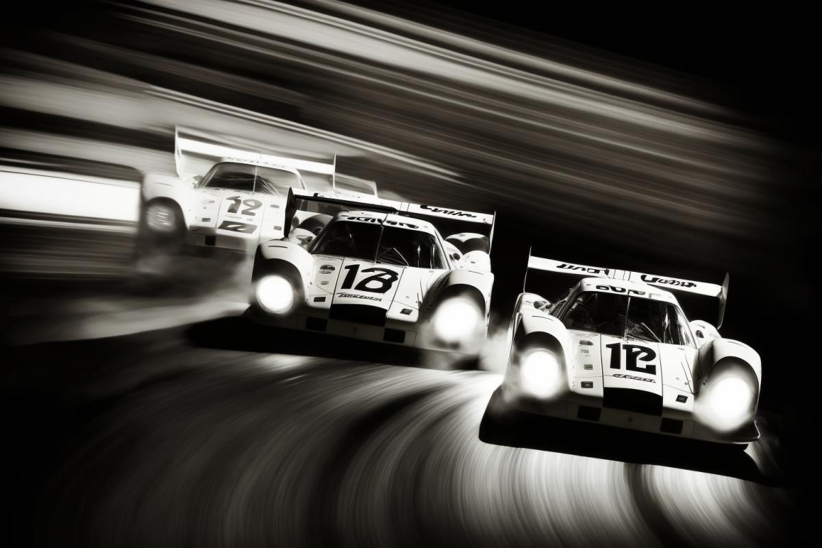 Three race cars in dark and white photos from a 70s magazine on the track, dynamism, expression