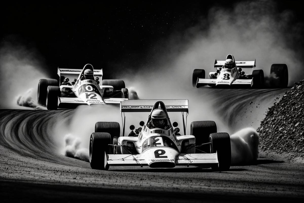 Three race cars in dark and white photos from a 70s magazine on the track, dynamism, expression