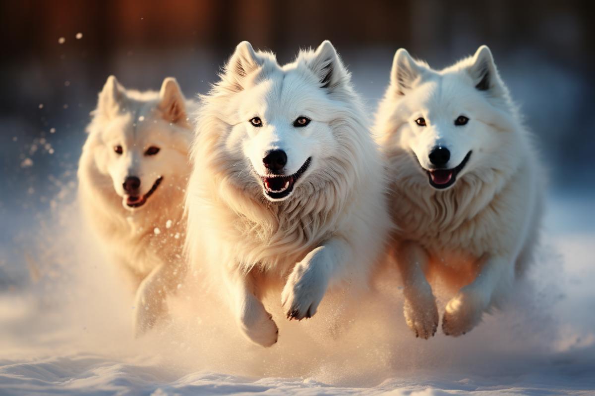Sports competitions, dog sled racing, frontal shooting, tracking, fast running, speed, snow from under the paws in different directions, sun, bright light, contrast, colorful costumes, emotions, speed
