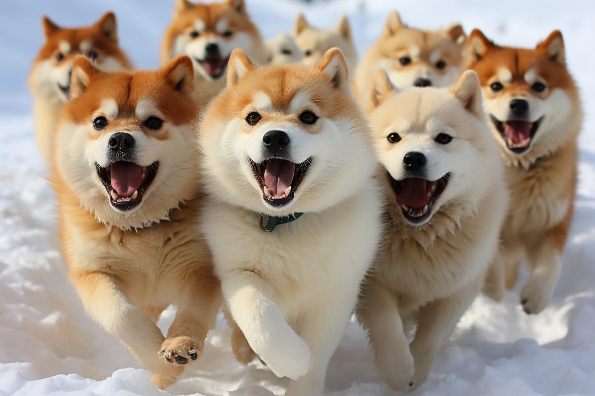 Sports competitions, dog sled racing, frontal shooting, tracking, fast running, speed, snow from under the paws in different directions, sun, bright light, contrast, colorful costumes, emotions, speed