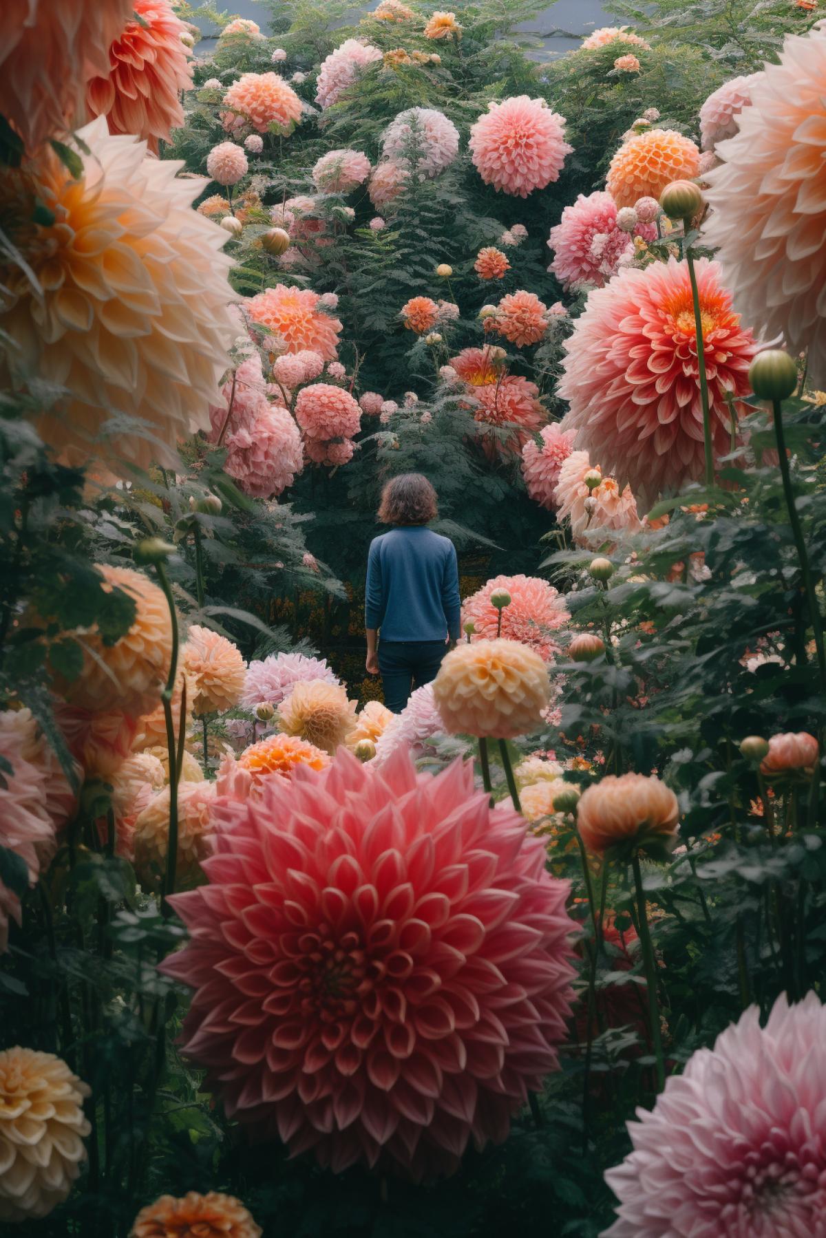 a person seems tiny in a Blooming Garden with huge flowers that seem almost fantastic