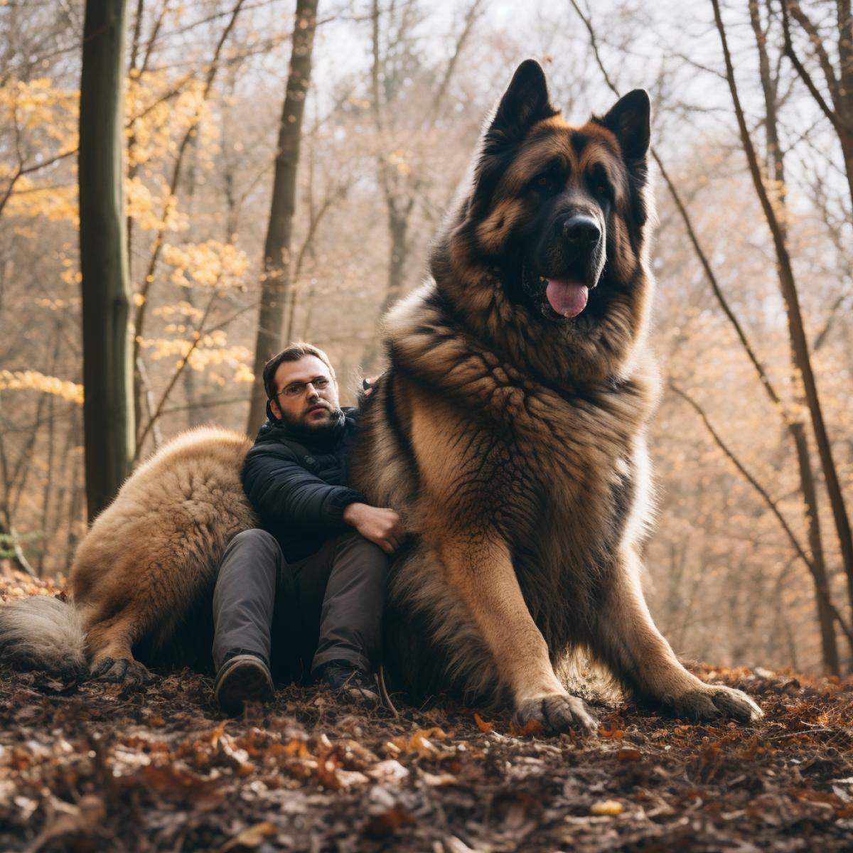 A man in the world of beautiful giant dogs seems tiny