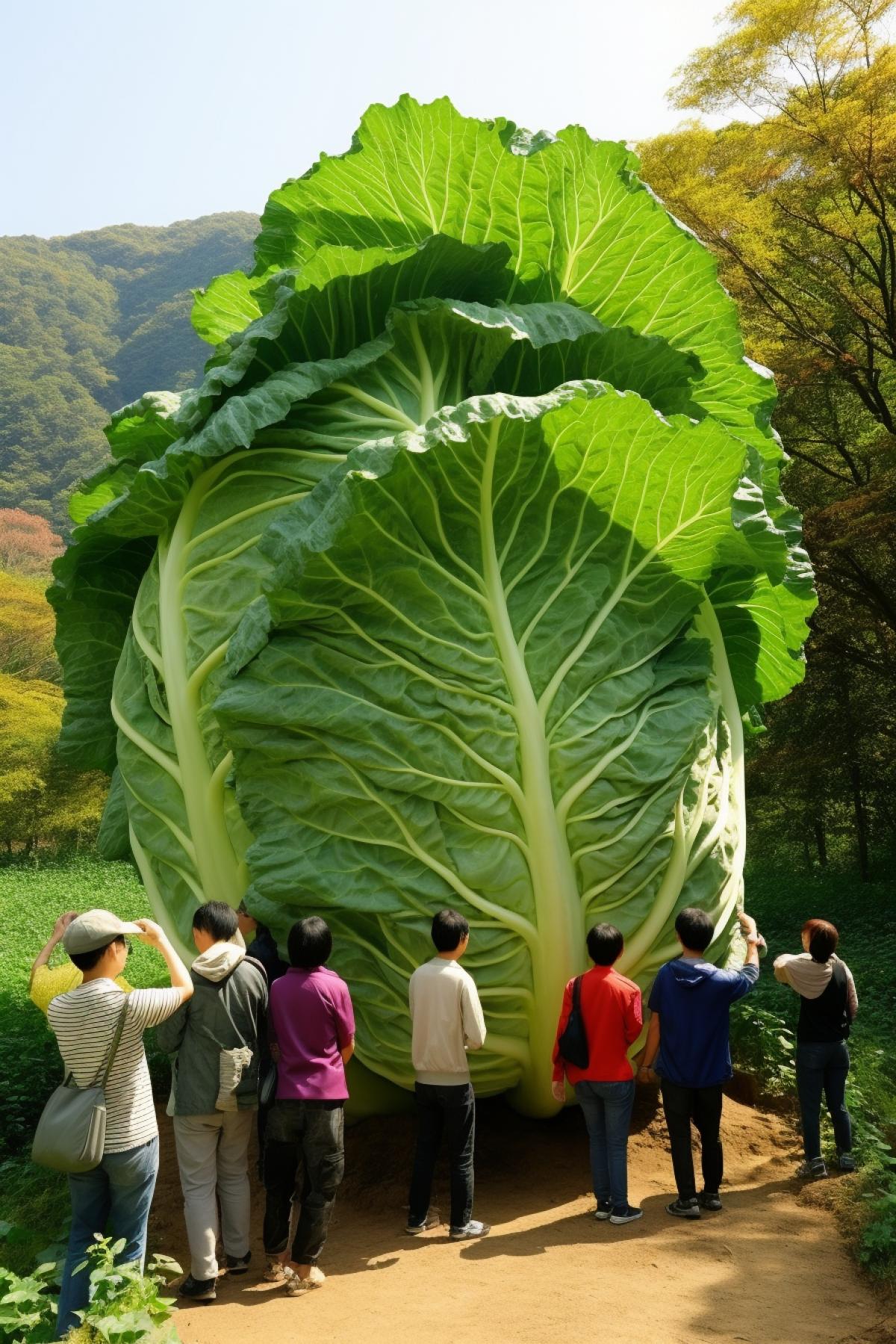 The giant Chinese cabbage is more than 5 meters high, several times taller than a human. A group of tourists gather around to take pictures. Real photography, beautiful, natural light