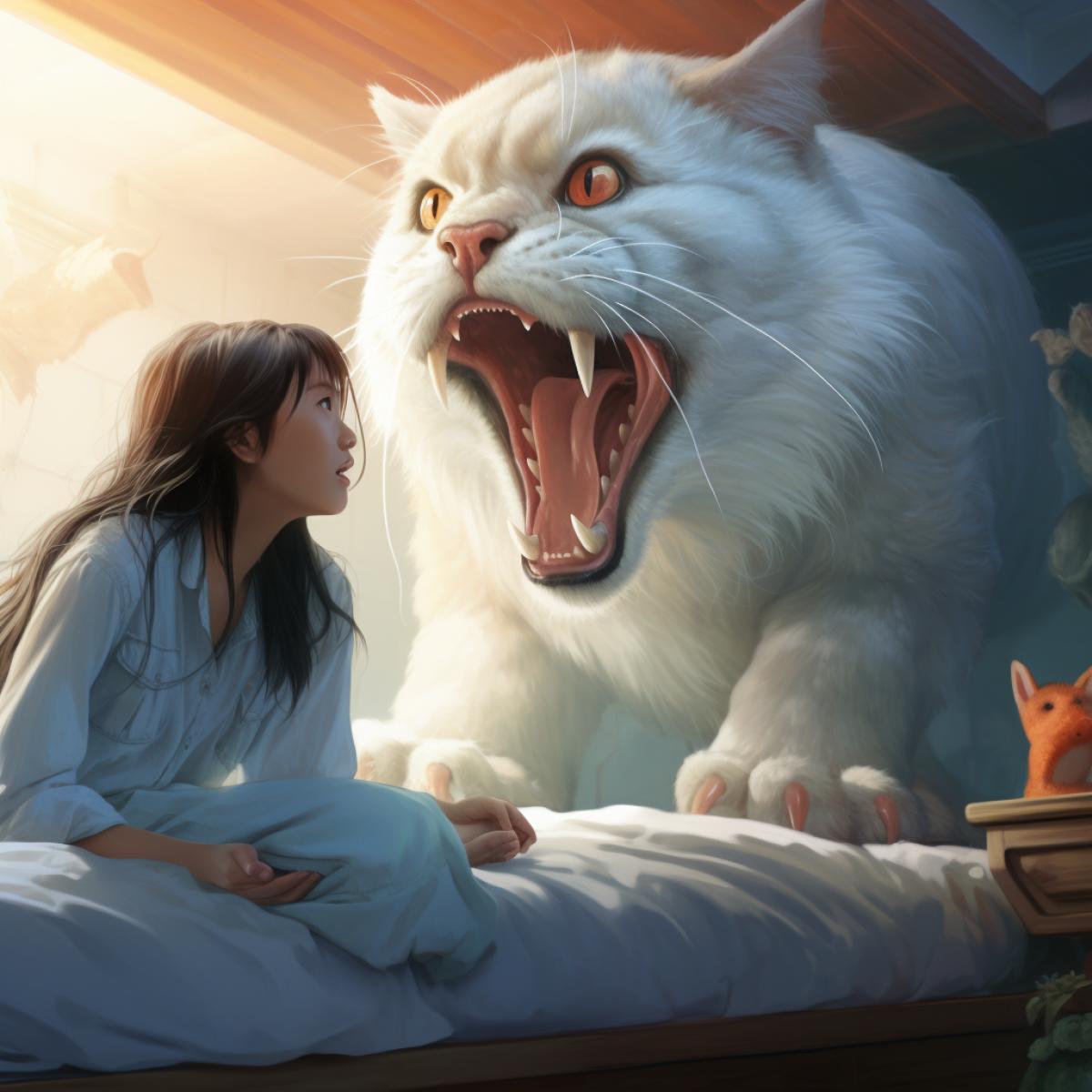 A huge orange cat with vertical yellowgreen pupils sitting on the carpet in the bedroom playing with a pretty Chinese girl in a white shirt, the girl has dark hair and big watery eyes, they are excited, in dreamy pale blue, white and orange. zbrush. hyper realistic oil. exaggerated perspective, contour shadow, realistic 8k niji 5 ar 3:4 q 2 style expressive s 400 niji 5 style expressive niji 5 style expressive