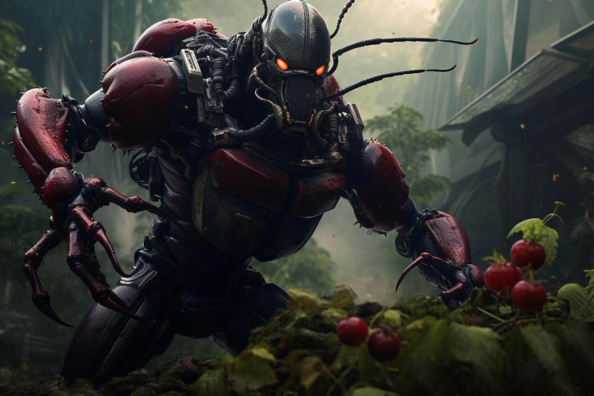 soldier in insect armor fighting giant ants in the middle of a garden full of berries, , inspired by Grytė Pintukaitė, in the style jordan grimmer, computer monitor, popular on art station, APS-C format E-Mount Cinema lens with a focal length of 56 mm, illuminated with high-intensity beams to create a soft, ethereal feel, a shallow depth of field