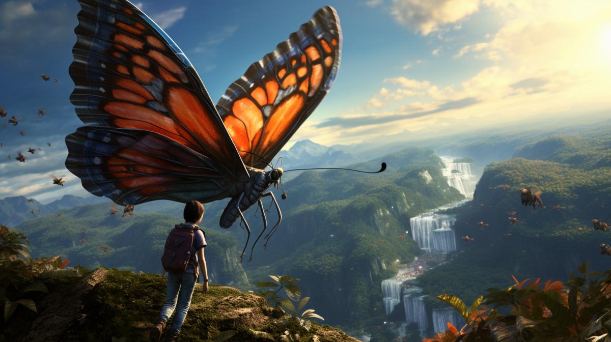Flying on a giant butterfly high details, action scene