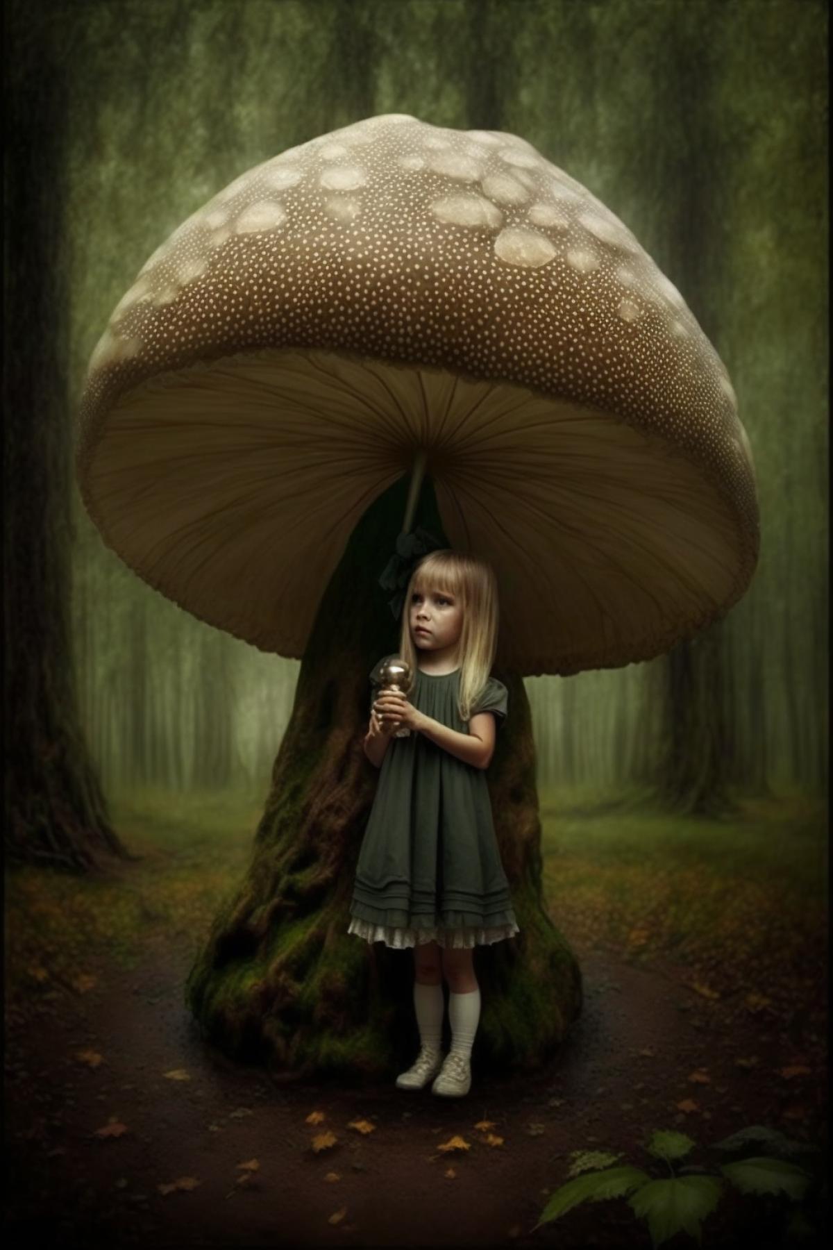 girl in the forest hiding from the rain under a giant mushroom, heavy rain