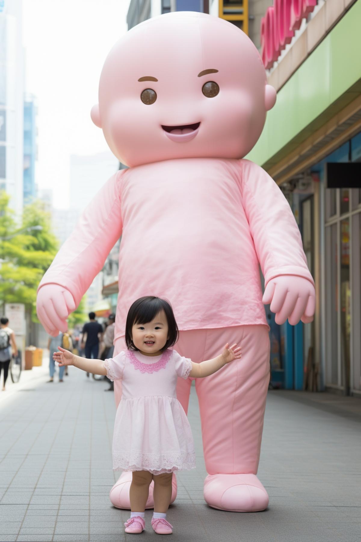 Huge giant baby doll holding the hand of a little girl