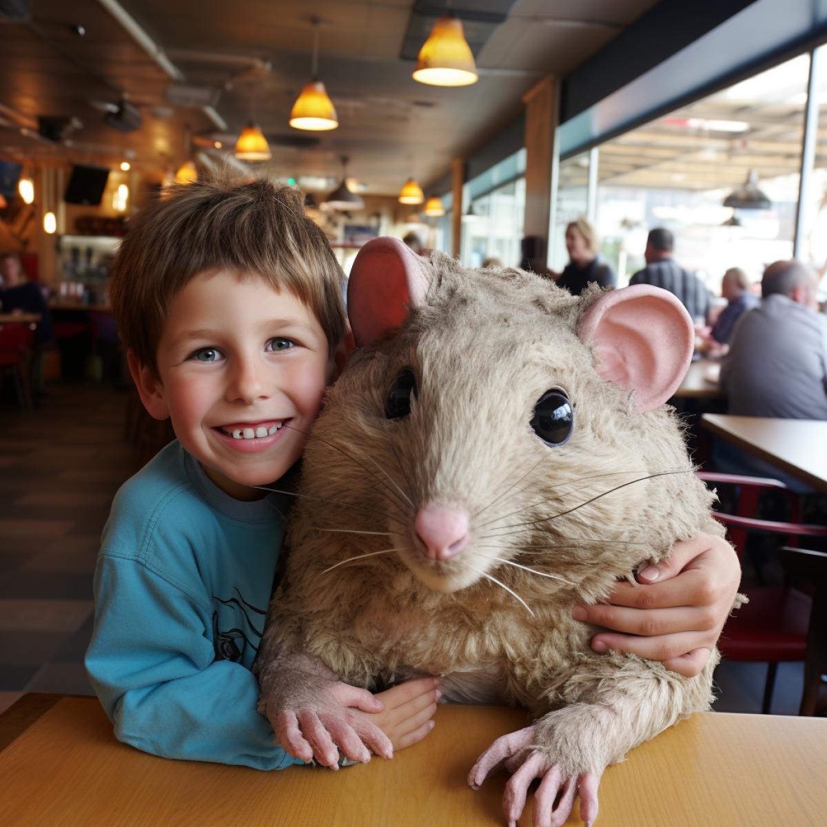 Giant live mouse and little man, no toys