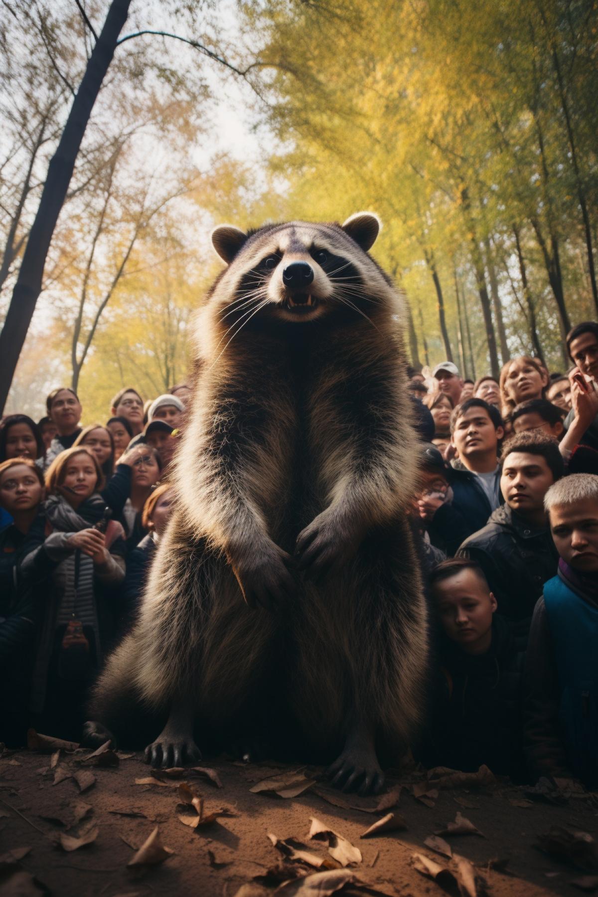 The giant raccoon is more than 5 meters high, several times taller than a human. A group of tourists gather around to take pictures. Real photography, beautiful, natural light