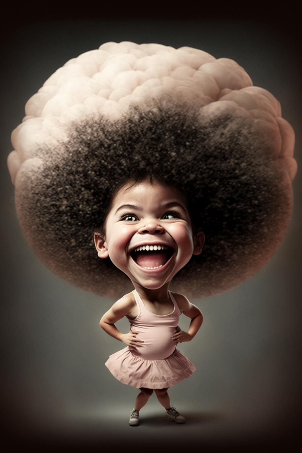 little cheerful woman with a huge head, caricature, photography