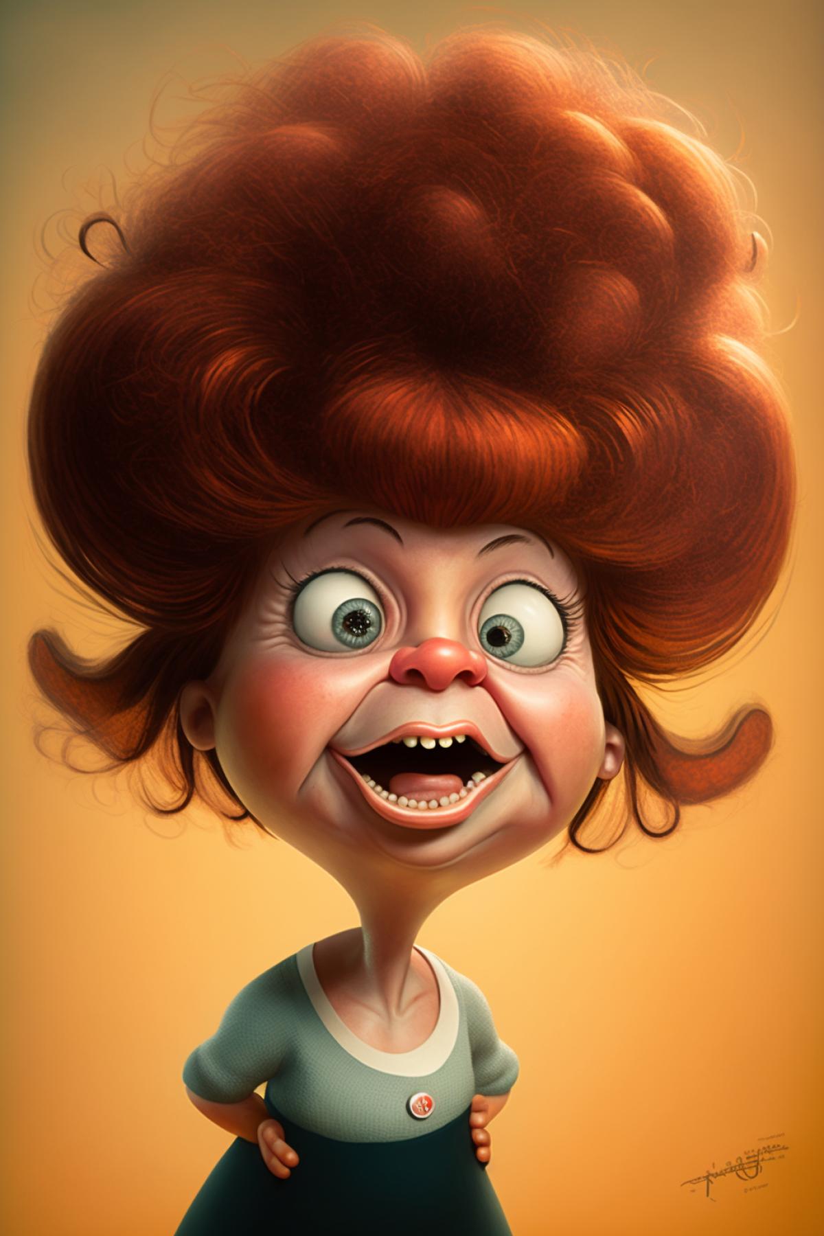 little cheerful woman with a huge head, caricature, photography