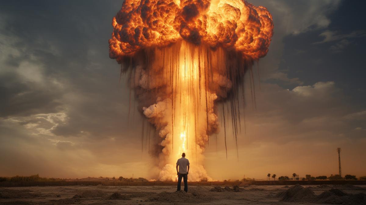 The giant incendiary match reaches more than 5 meters in height, several times higher than human height. Nearby, a man is surprised at hyperbolization. Real photography, beautiful, natural light