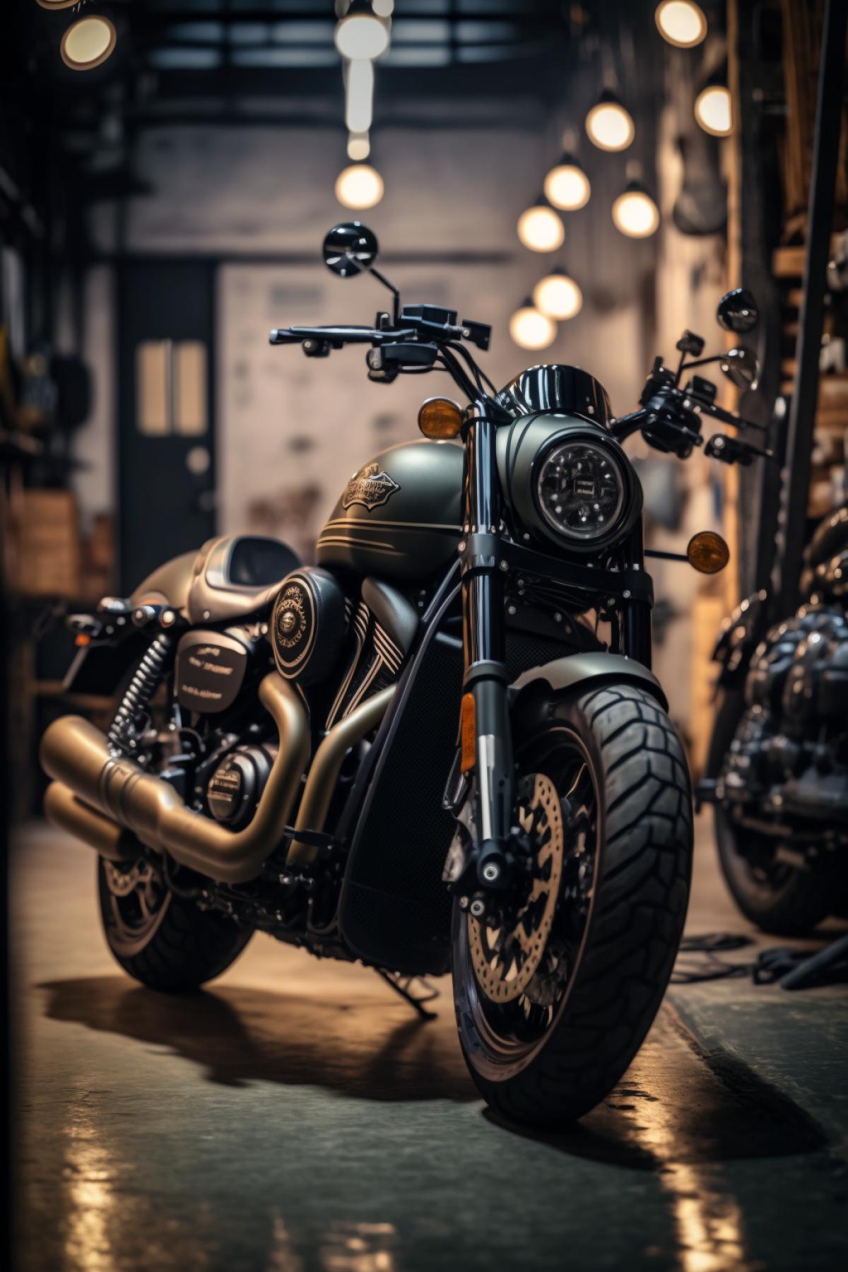 Award-winning professional motorcycle photography: (raw: 1.2), (photorealistic: 1.37), front shot, Harley Davidson motorcycle, random location, detail, cinematic lighting, ray tracing, depth of field, Hasselblad X2D 100 C, 35mm, f2