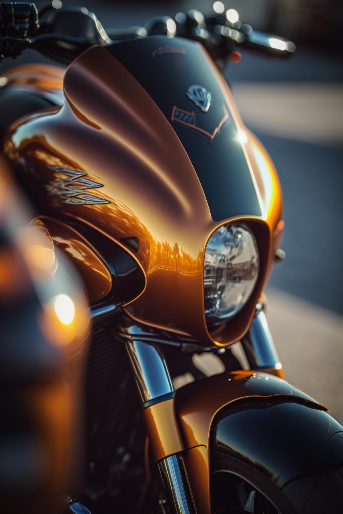 Award-winning professional motorcycle photography: (raw: 1.2), (photorealistic: 1.37), front shot, Harley Davidson motorcycle, random location, detail, cinematic lighting, ray tracing, depth of field, Hasselblad X2D 100 C, 35mm, f2