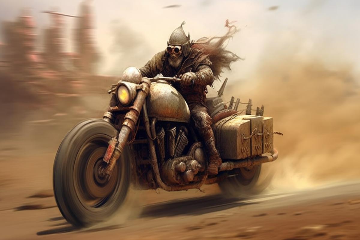 Motorcycles fierce in the style of mad max on the ruins of civilization