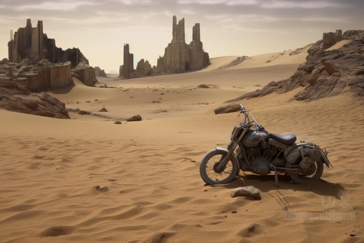 Motorcycles fierce in the style of mad max on the ruins of civilization