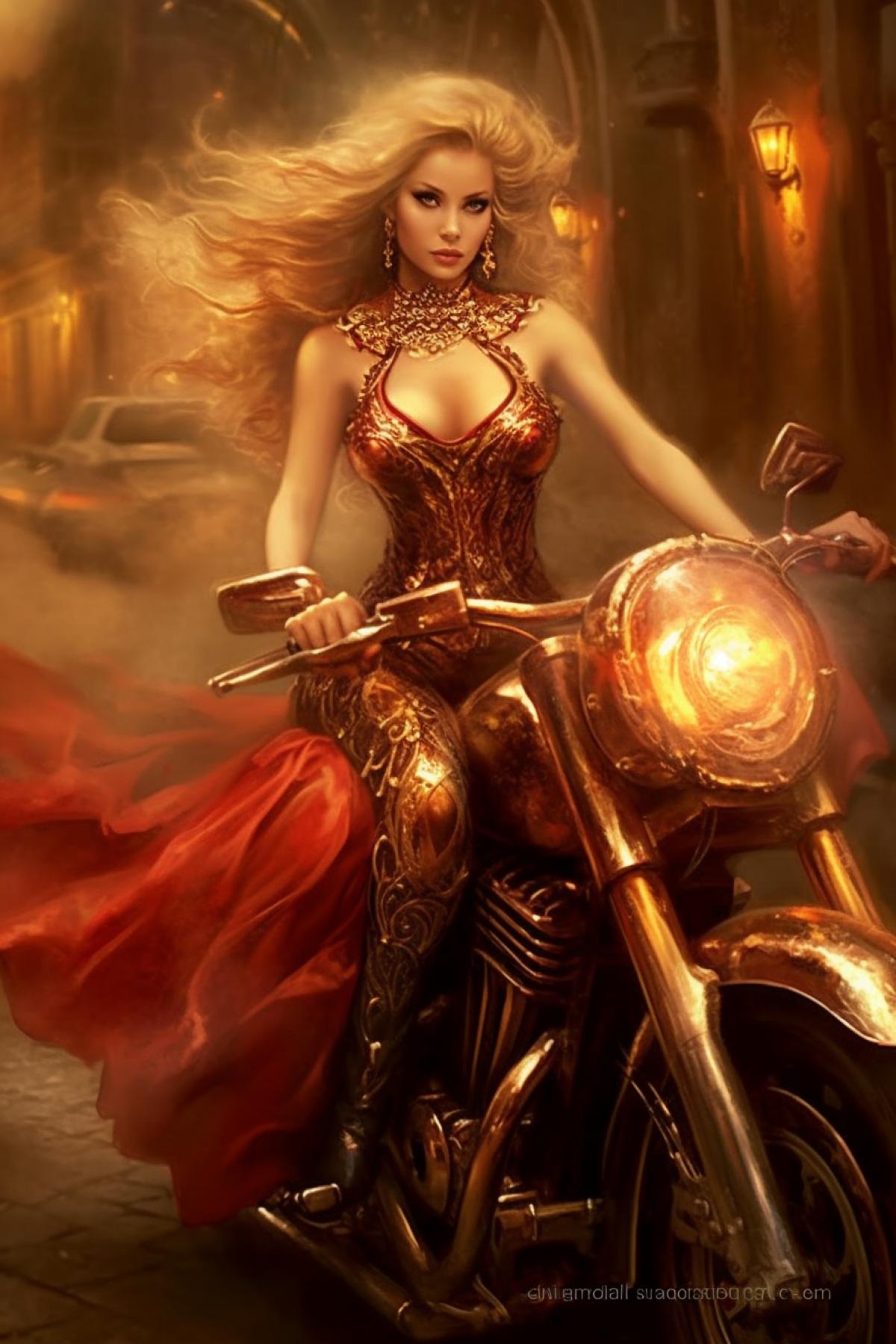 The fiery devil princess rides a fiery powerful motorcycle on a hellish highway
