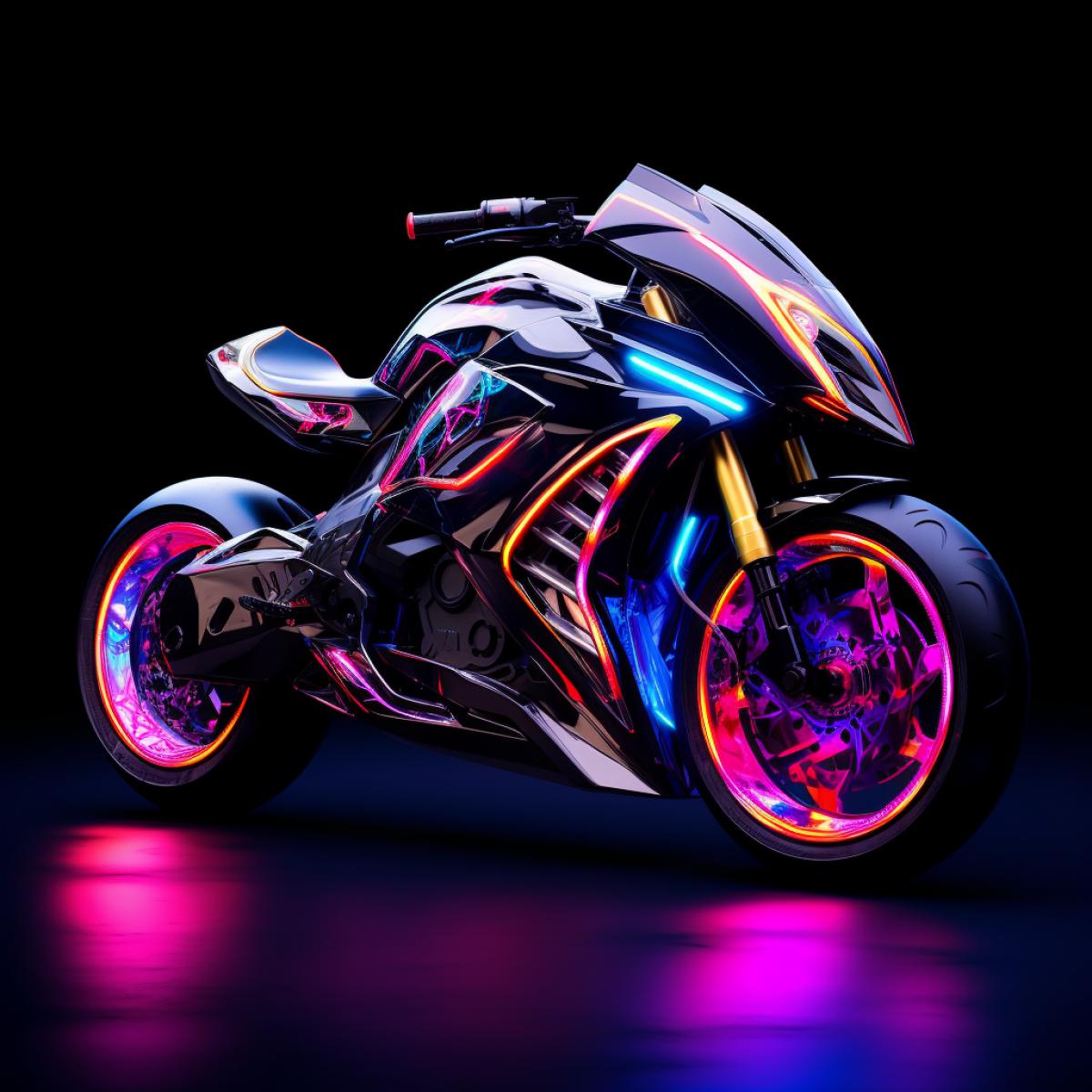 A futuristic motorcycle materializes before your eyes, constructed entirely of vibrant neon lights. The sleek and aerodynamic design of the bike exudes a sense of speed and power. The neon lights wrap around the frame, tracing every curve and contour with a pulsating glow of electric colors. The wheels are com4kd of glowing rings, spinning with an illusionary motion as if defying the laws of physics. The motorcycle hovers slightly above the ground, emanating an ethereal light that creates a captivating trail as it moves. The scene is rendered with ultra-high detail, capturing the intricate patterns and reflections of the neon lights. Advanced post-processing techniques enhance the visual impact, adding a touch of cinematic flair. The aspect ratio is optimized for a widescreen view, accentuating the dynamic presence of the motorcycle. The mood is a fusion of futuristic technology and the mesmerizing allure of neon aesthetics, evoking a sense of thrill and uniqueness