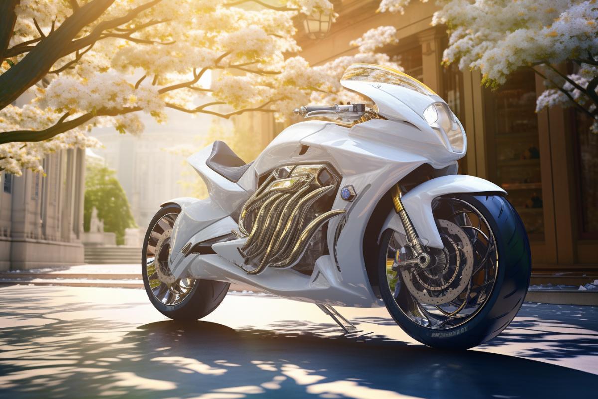 electric powered motorcycle parked outside in a courtyard, hot blazing sunny day with a man wearing white fashioned clothing in the foreground, cherry blossum tree, light rays, bike design, transportation design, futuristic art deco